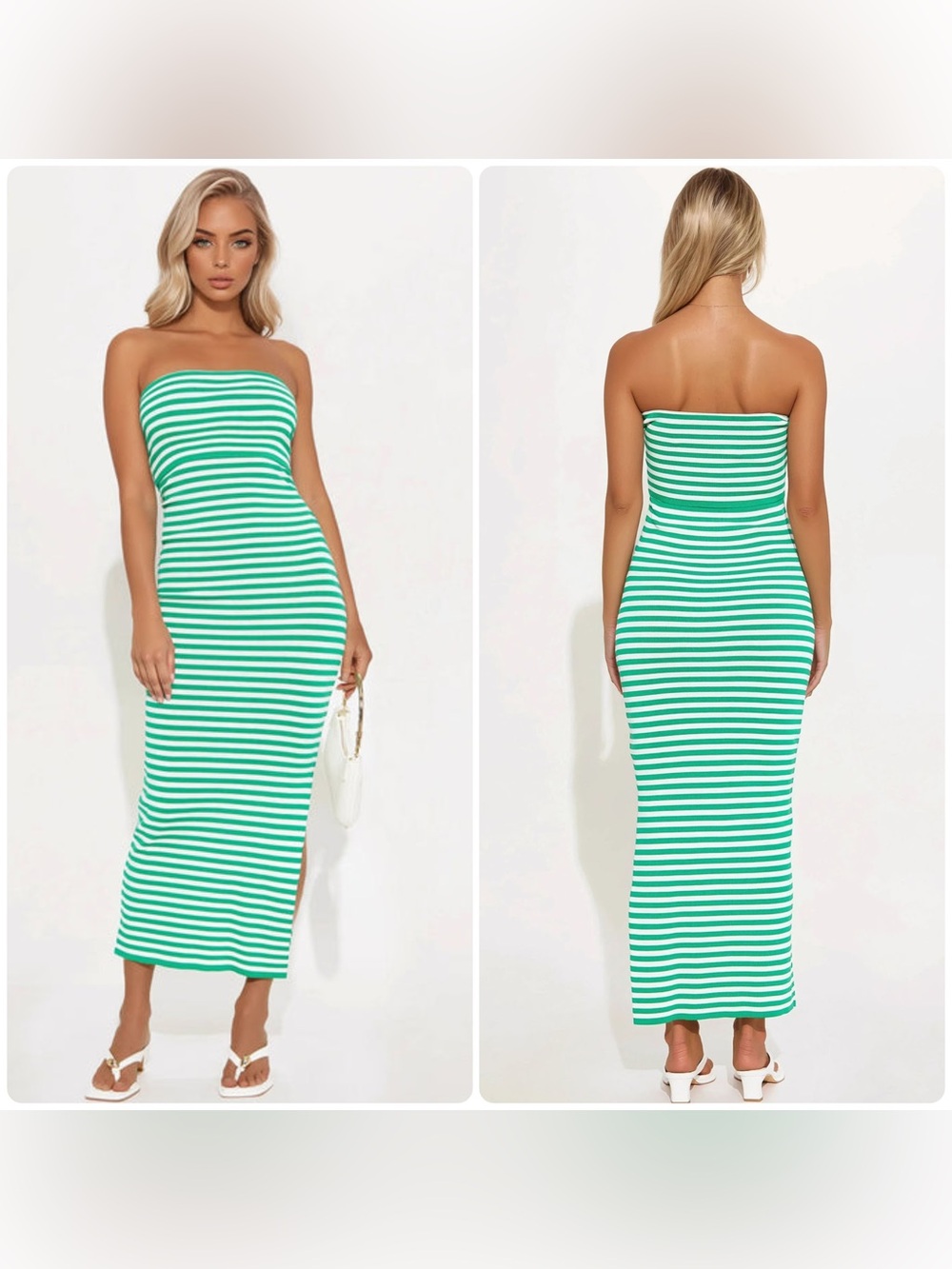 Fashion Nova Jenna Striped Maxi Tube Dress Green White XS Strapless Bodycon